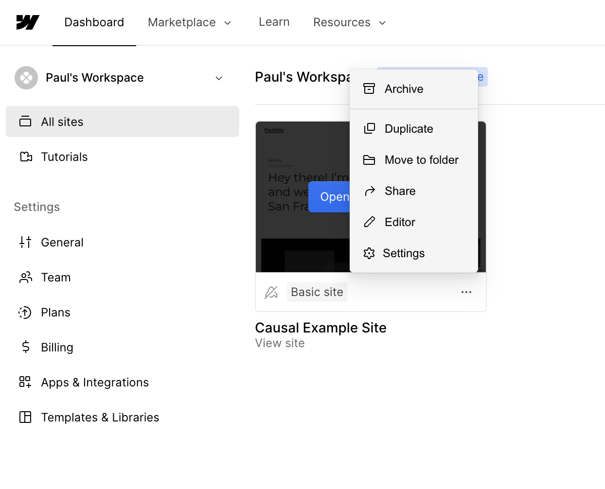 example showing webflow site option menu