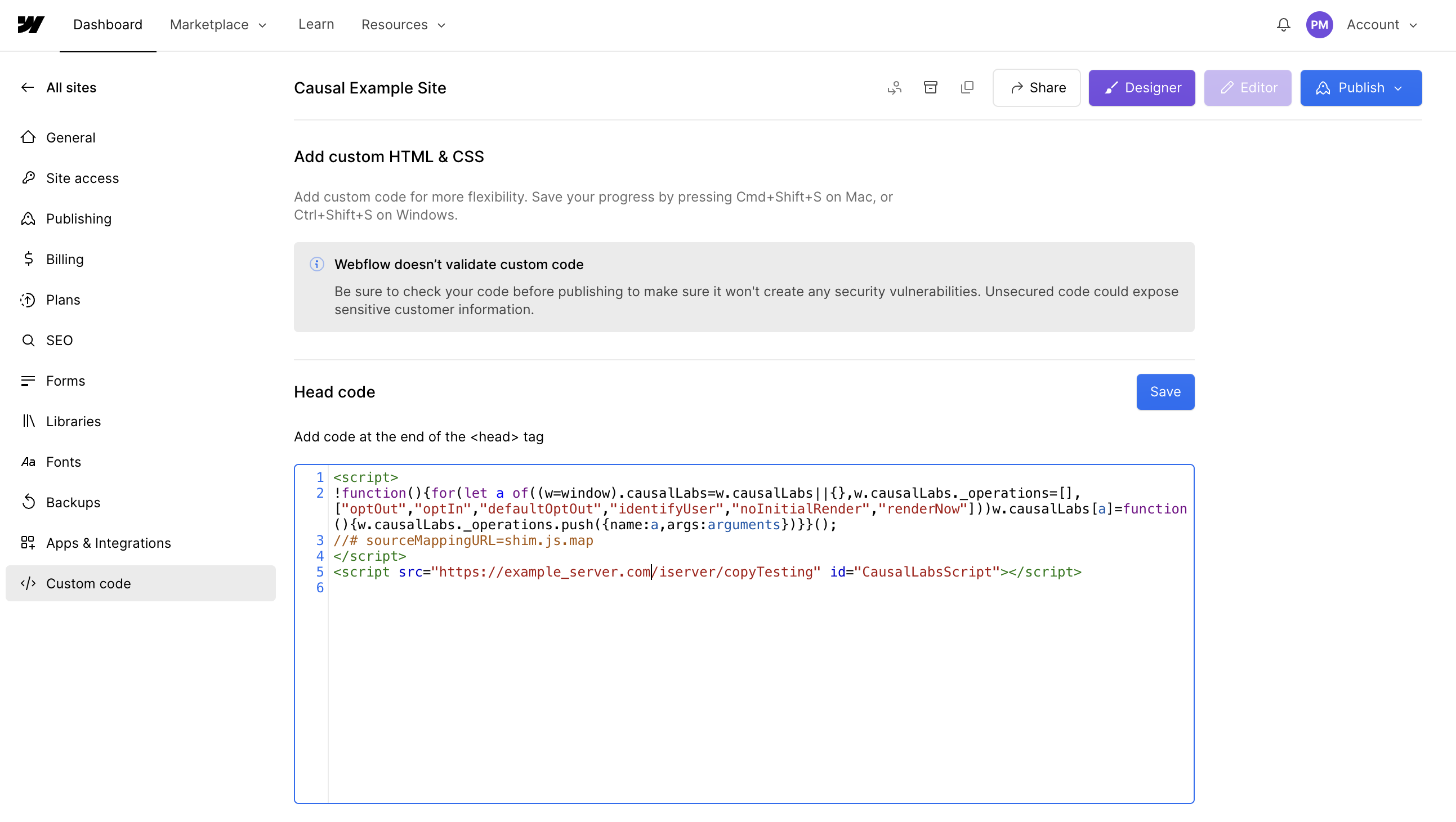 example showing webflow site custom code settings